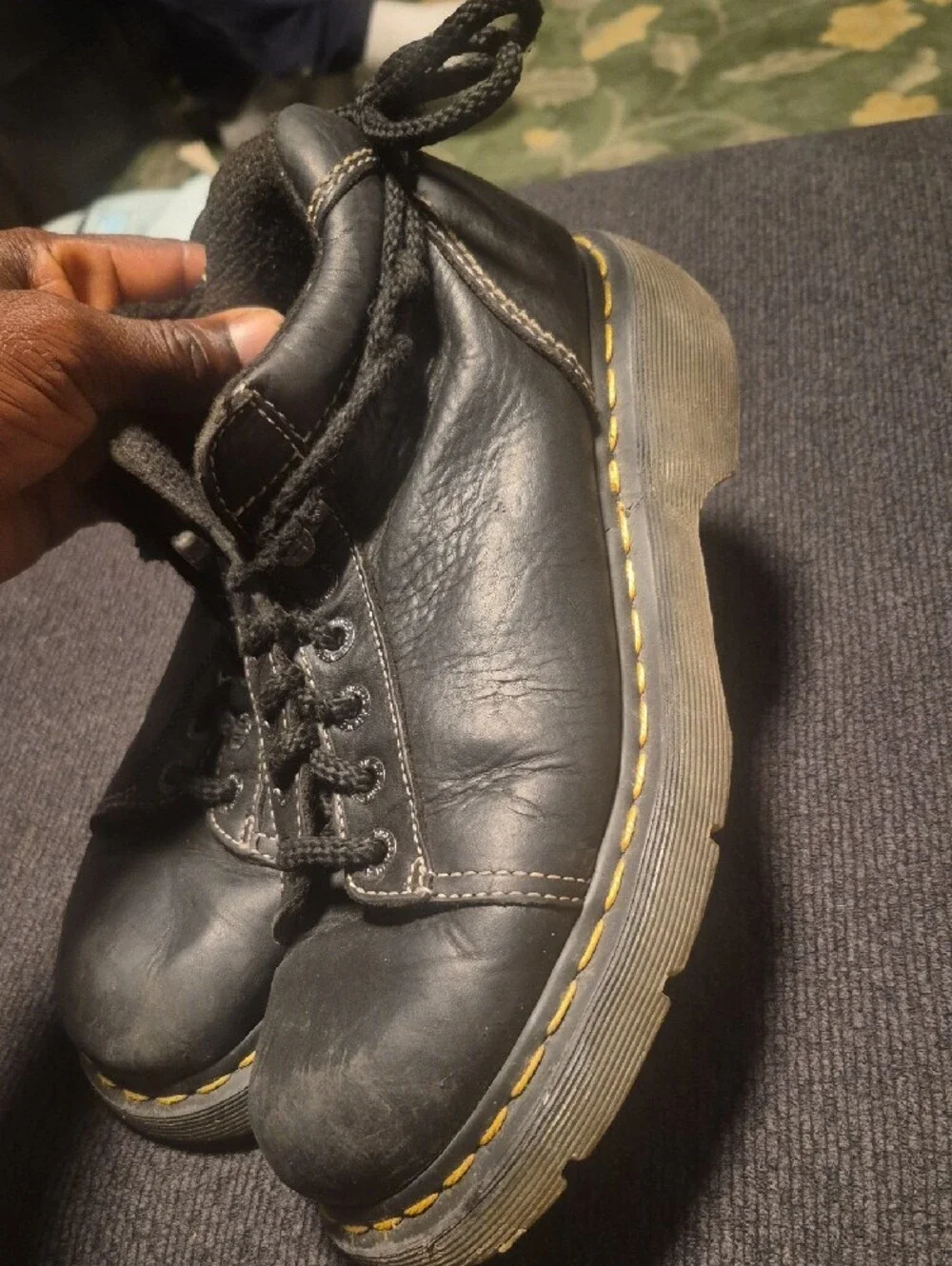 Dr. Martens Black Leather Lace-Up Men’s Ankle Boots with Yellow Stitching